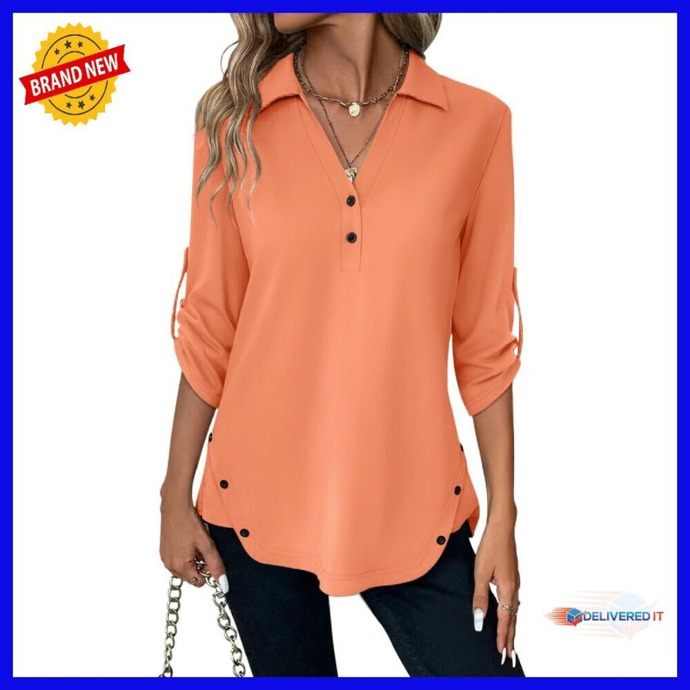 Women's 3/4 Sleeve V Neck Tunic Top with Side Buttons